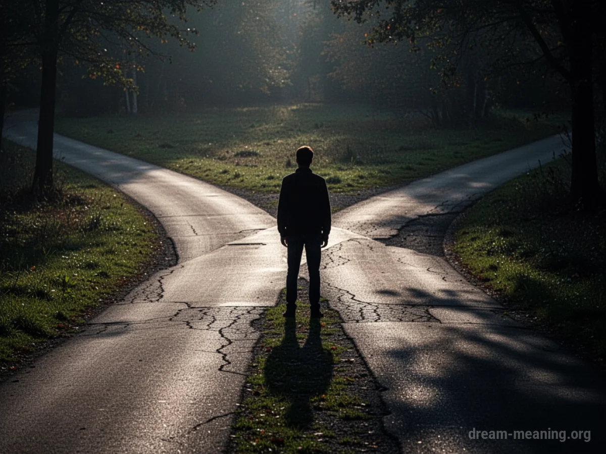 A silhouette stands at a fork in a path, with one path illuminated and the other in shadow.