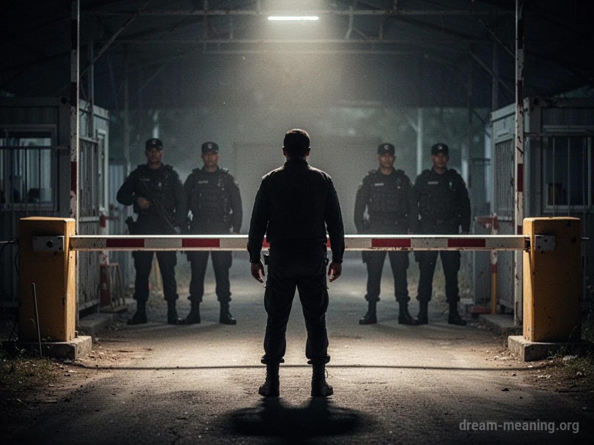 A person standing at a shadowy checkpoint with indistinct figures behind a barrier.