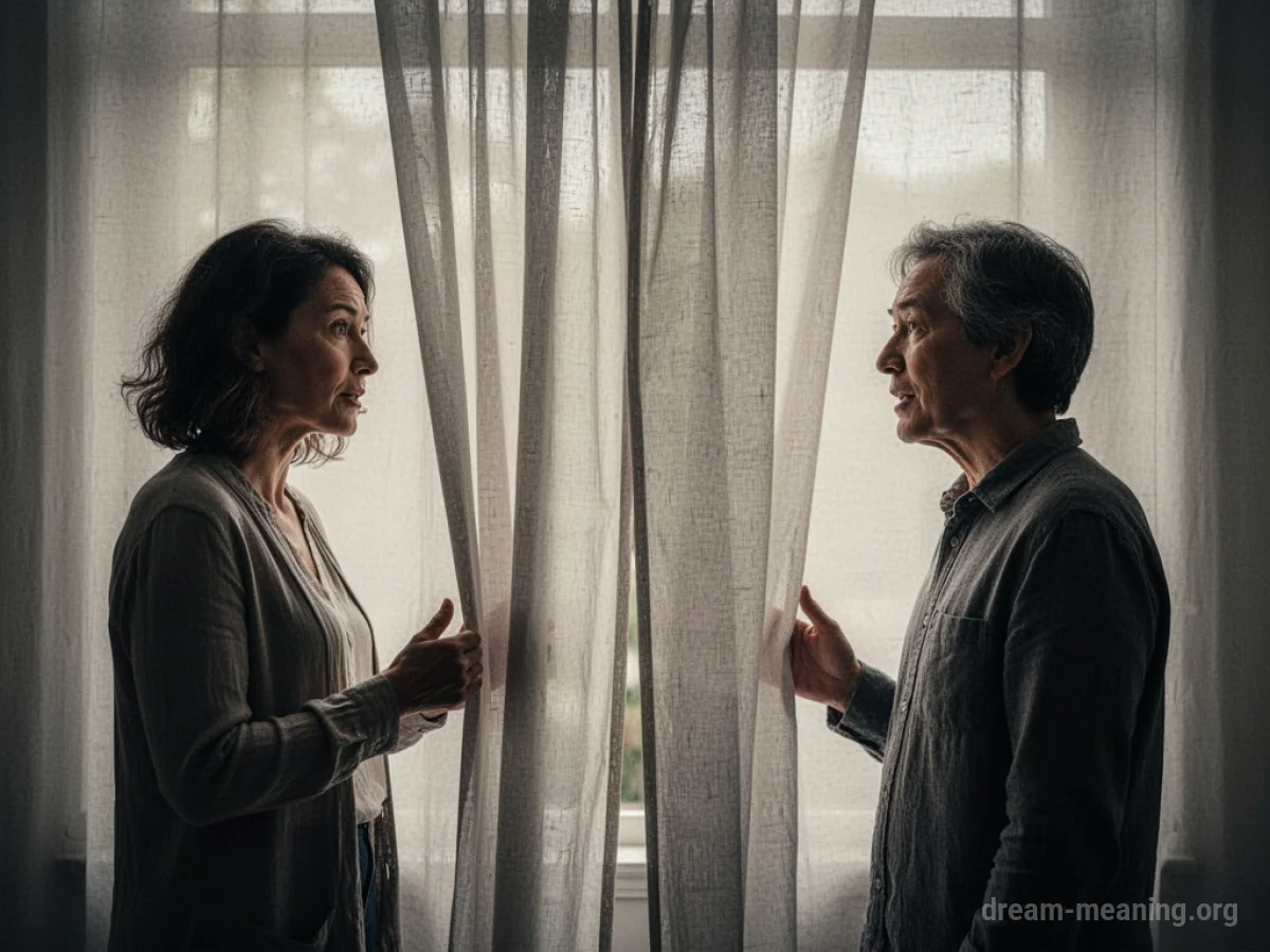 Two figures facing each other with a barrier appearing between them during a discussion.