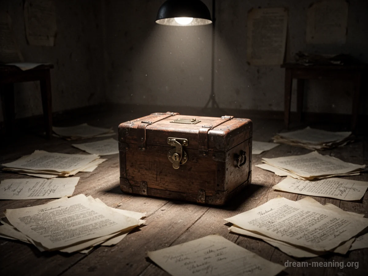 A wooden box on a table in a dimly lit room.