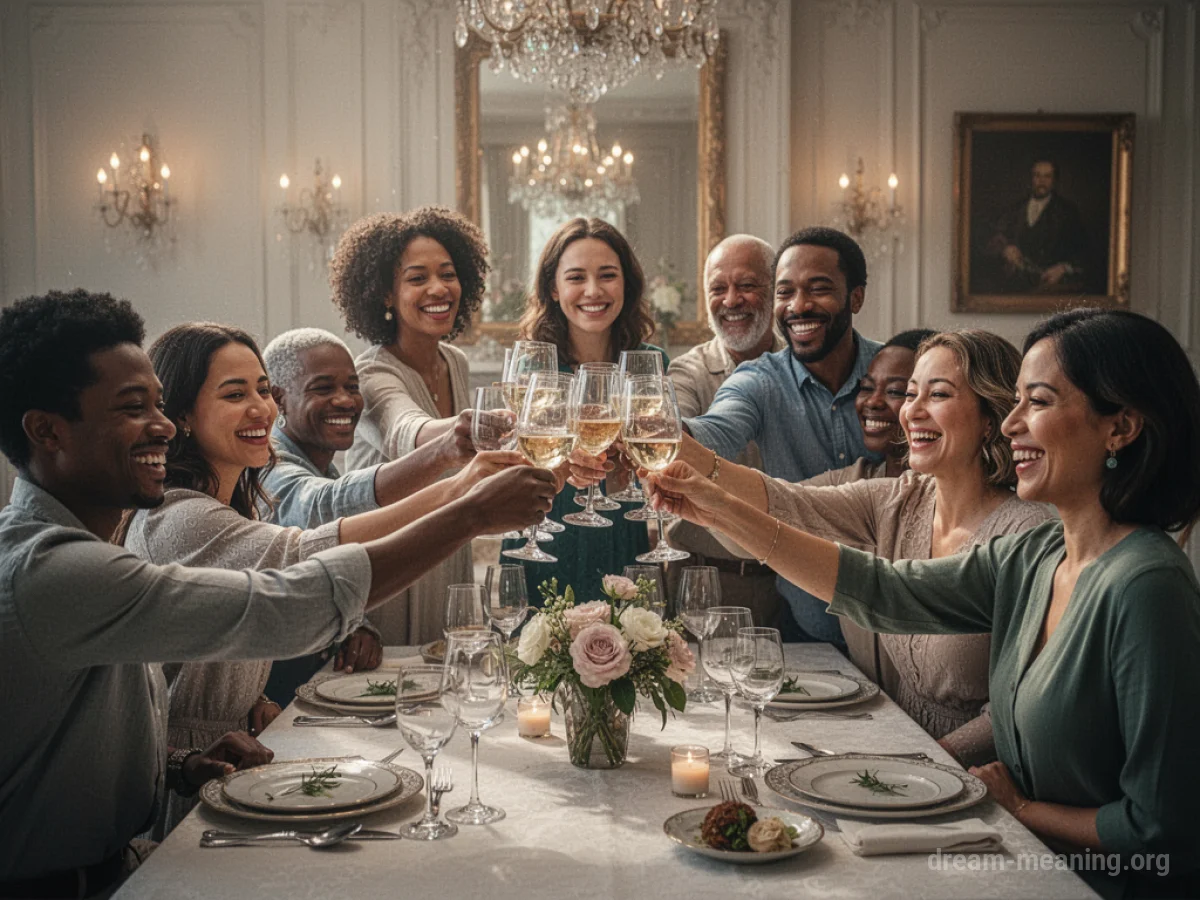 People gathered, smiling and raising drinks.