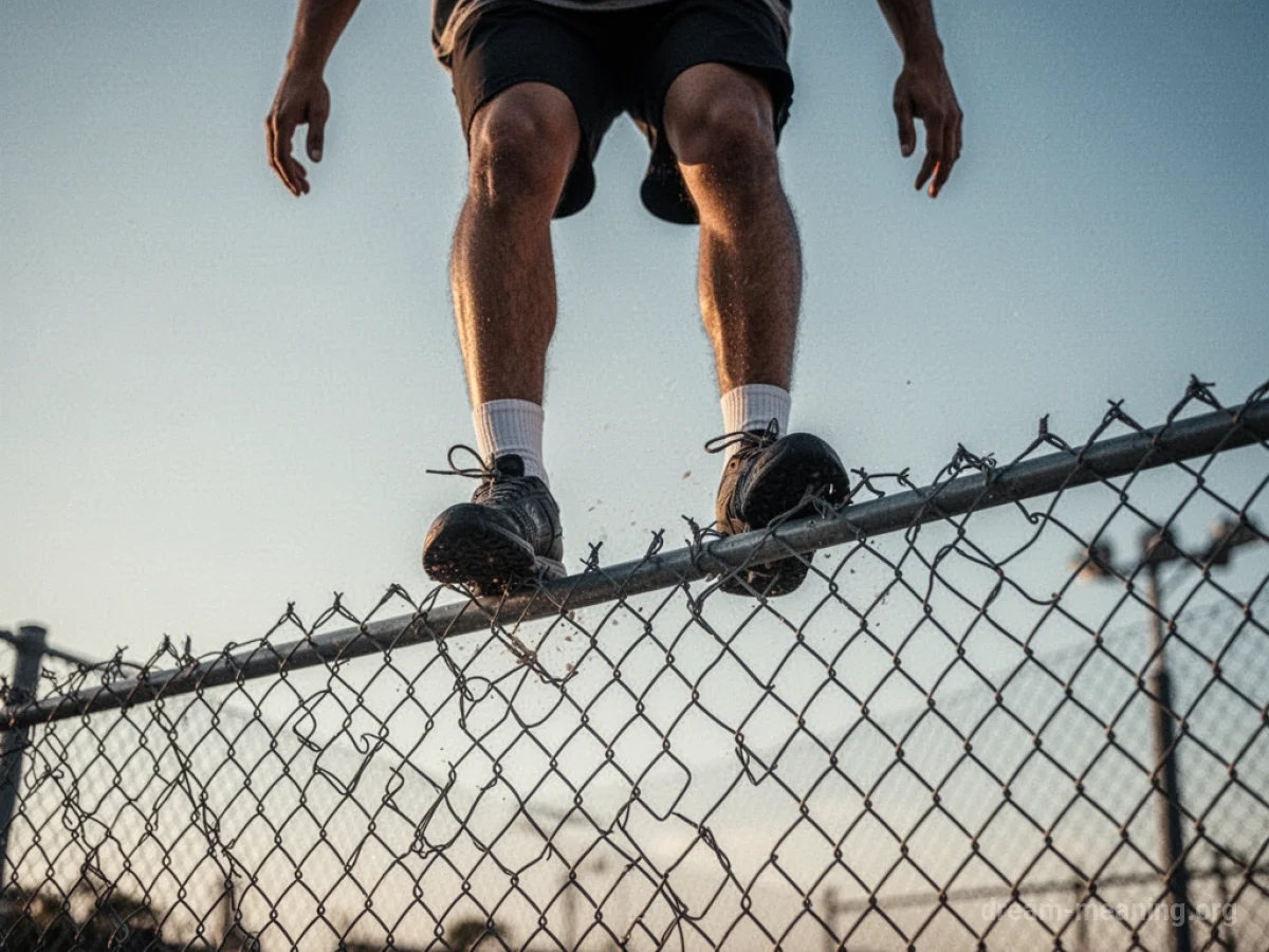 Legs jumping over a chain-link fence.