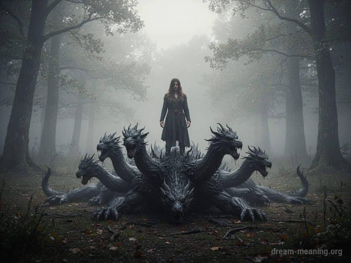 A silhouette of a person standing over a defeated mythical beast.