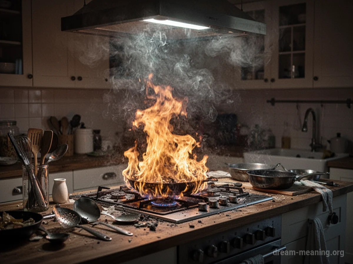Flames erupting from a stovetop in a kitchen, with smoke filling the air.