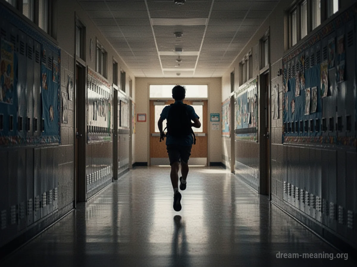 Silhouette of a student running down a school hallway towards a classroom door.