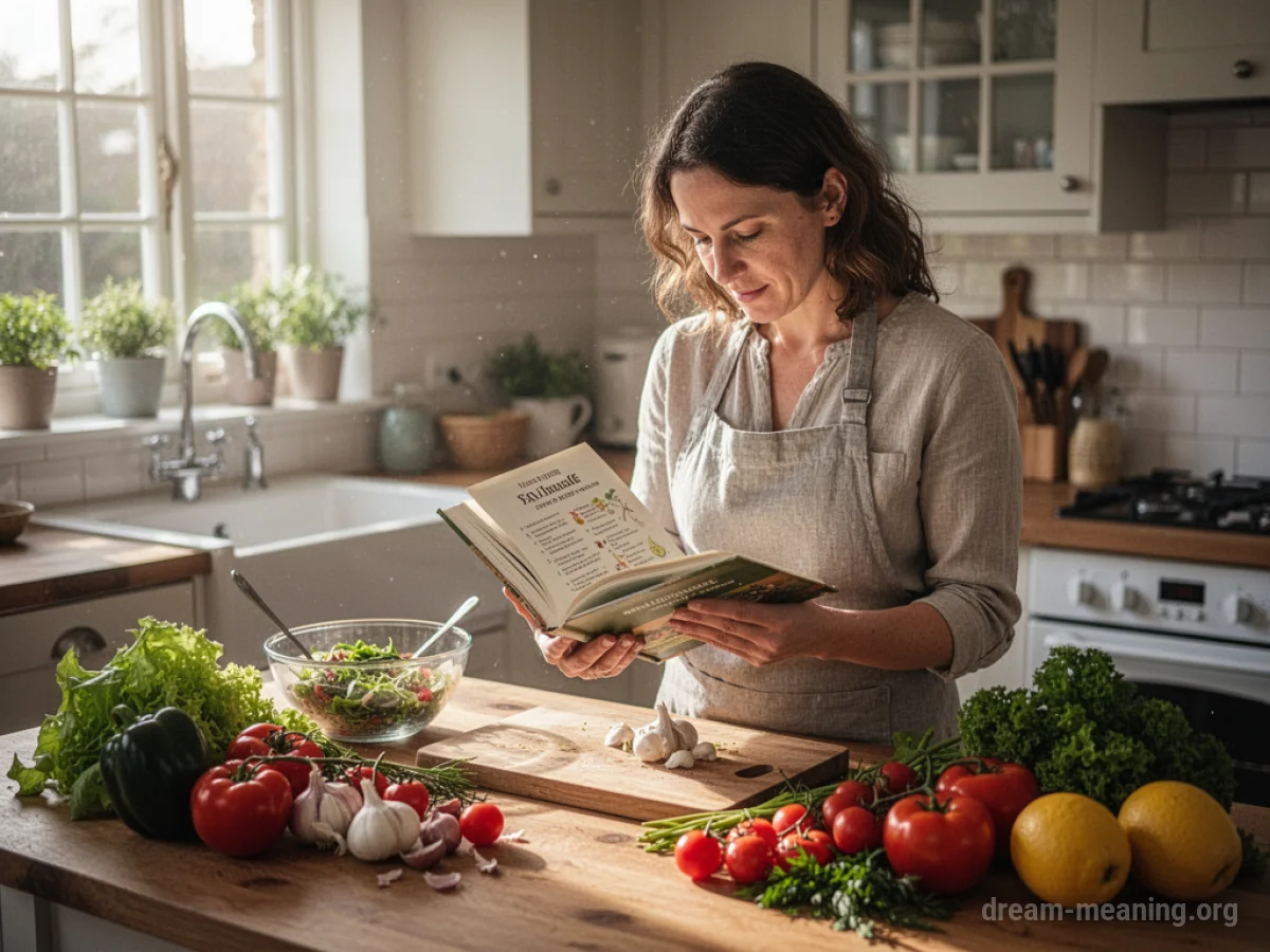 A person reading a cookbook in a kitchen.