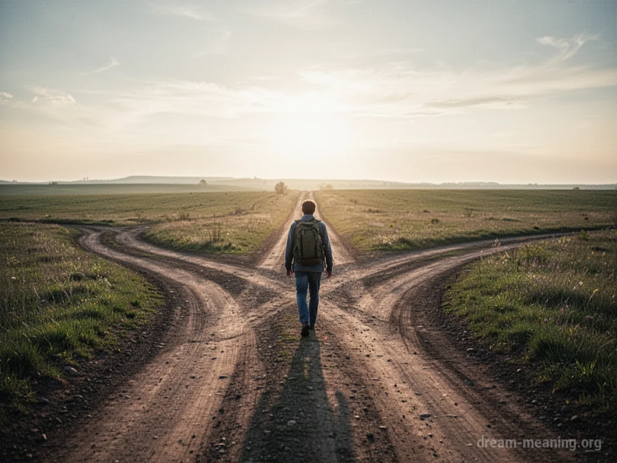 A person walking away from a road junction towards a brighter path.