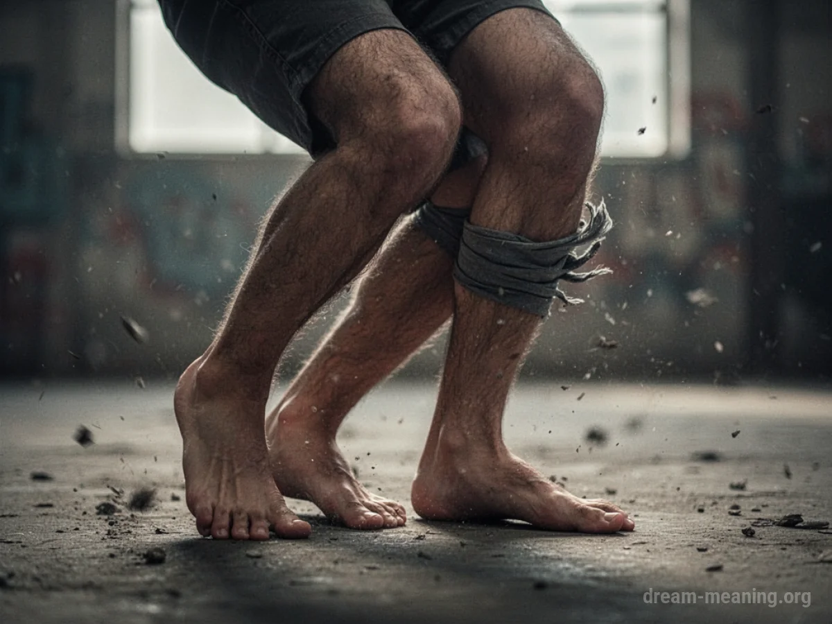 A person's legs buckling at the knees.