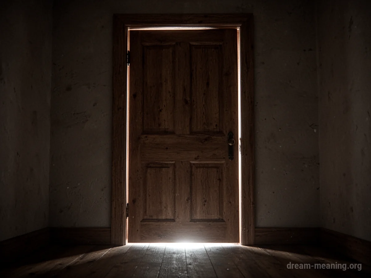 A bright light emanates from the gap beneath a closed door.