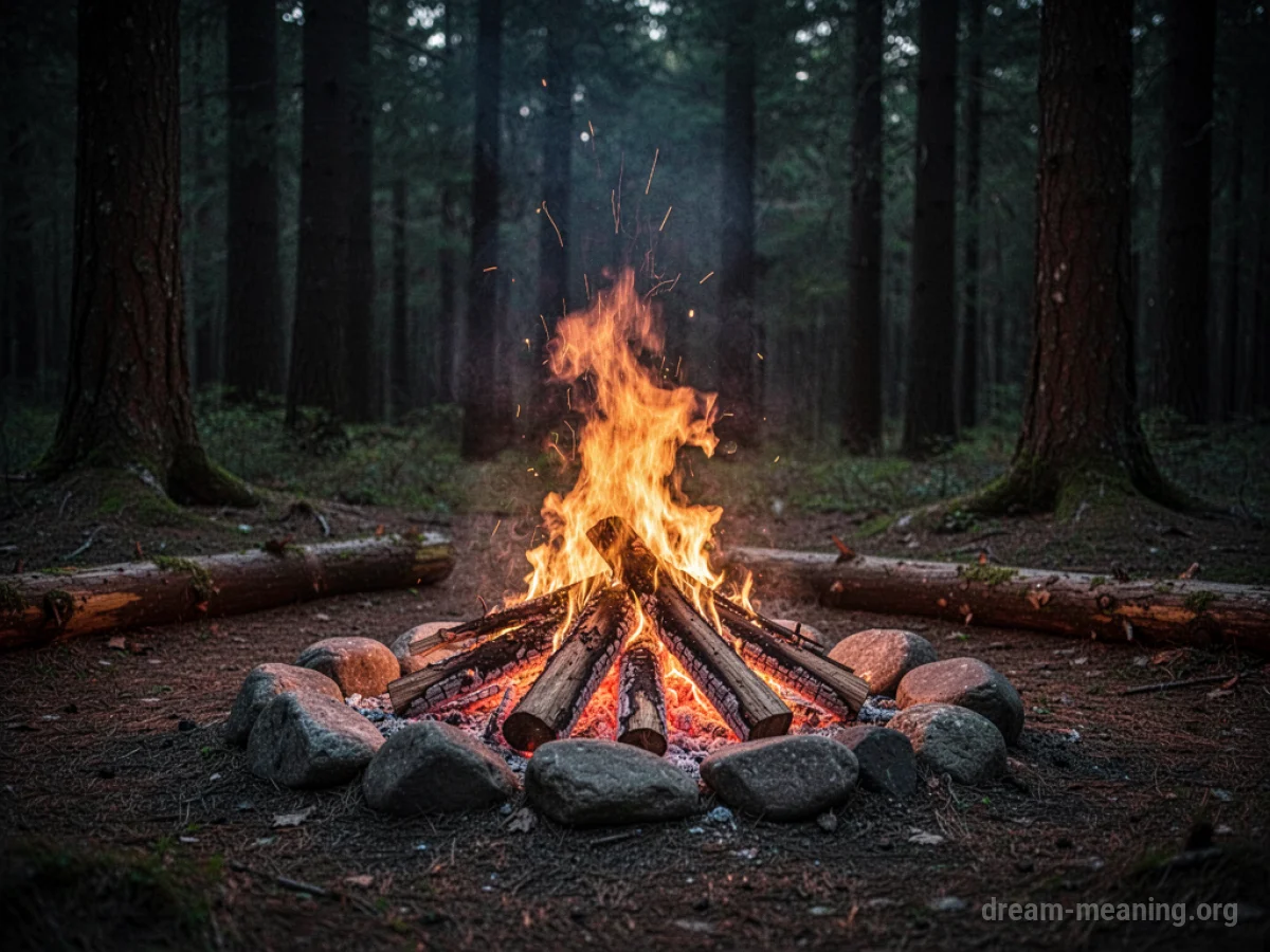 Flames igniting in a campfire ring surrounded by darkness.