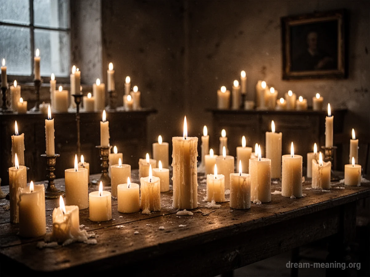 Numerous lit candles in a dark room.