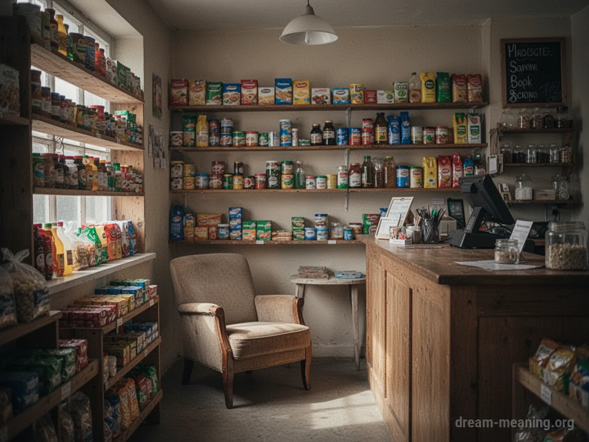 Interior of a small corner shop with an armchair.