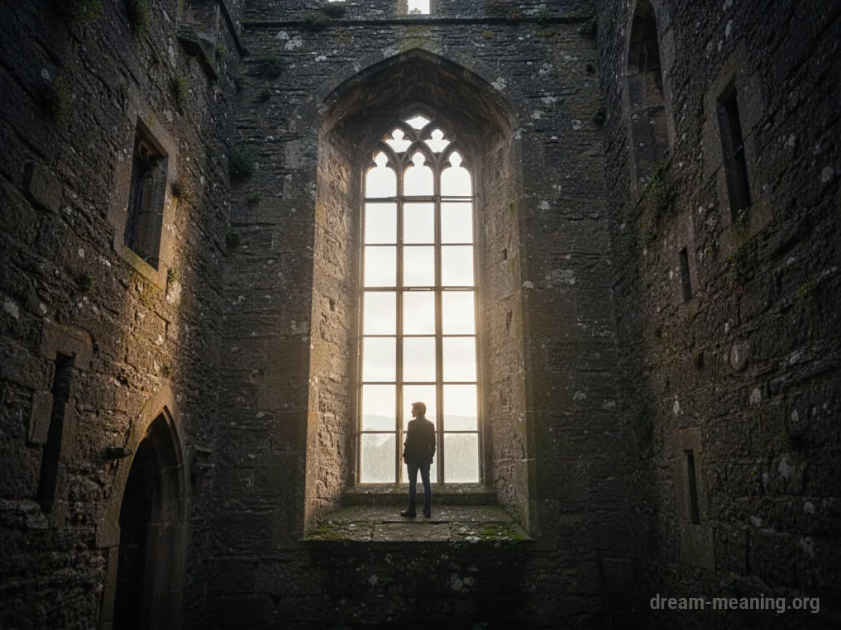 Silhouette of a person standing at a tall window inside a castle tower.