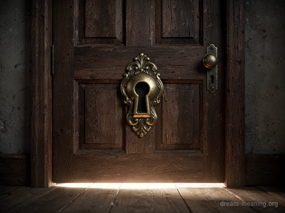 A single, dark wooden door with light emanating from underneath.