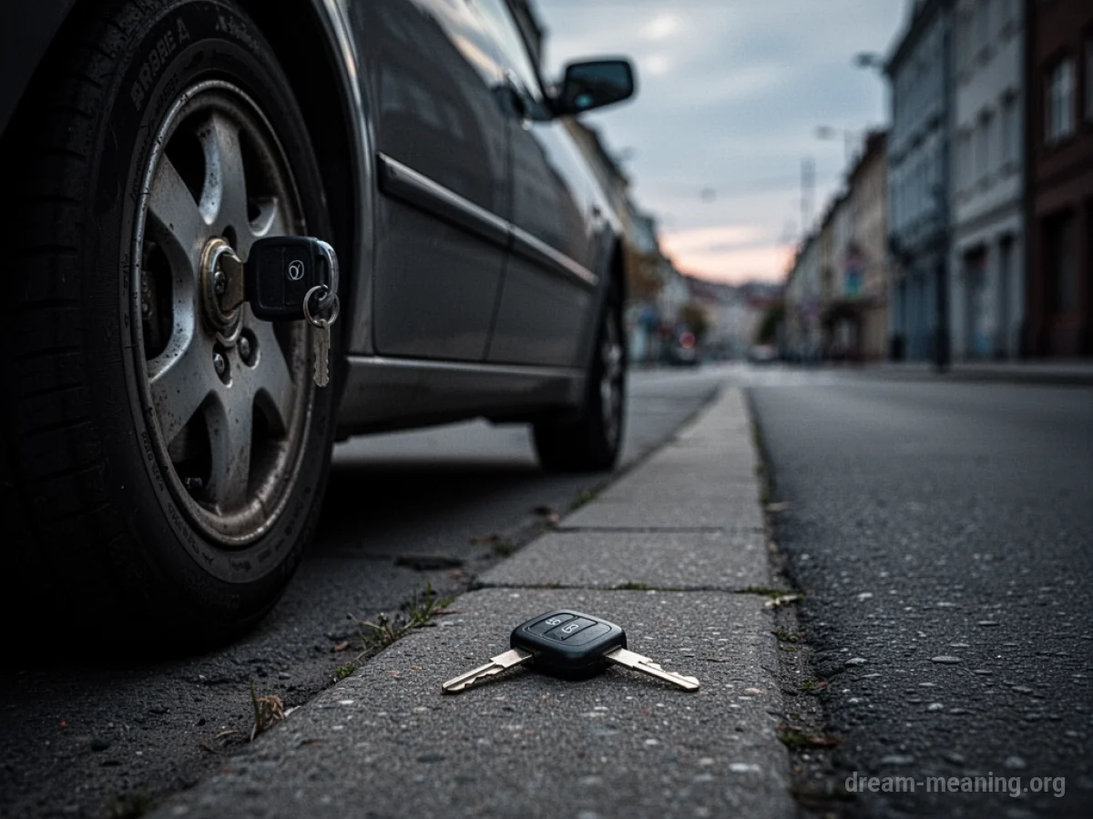 A car key lying on the ground near a closed car door.