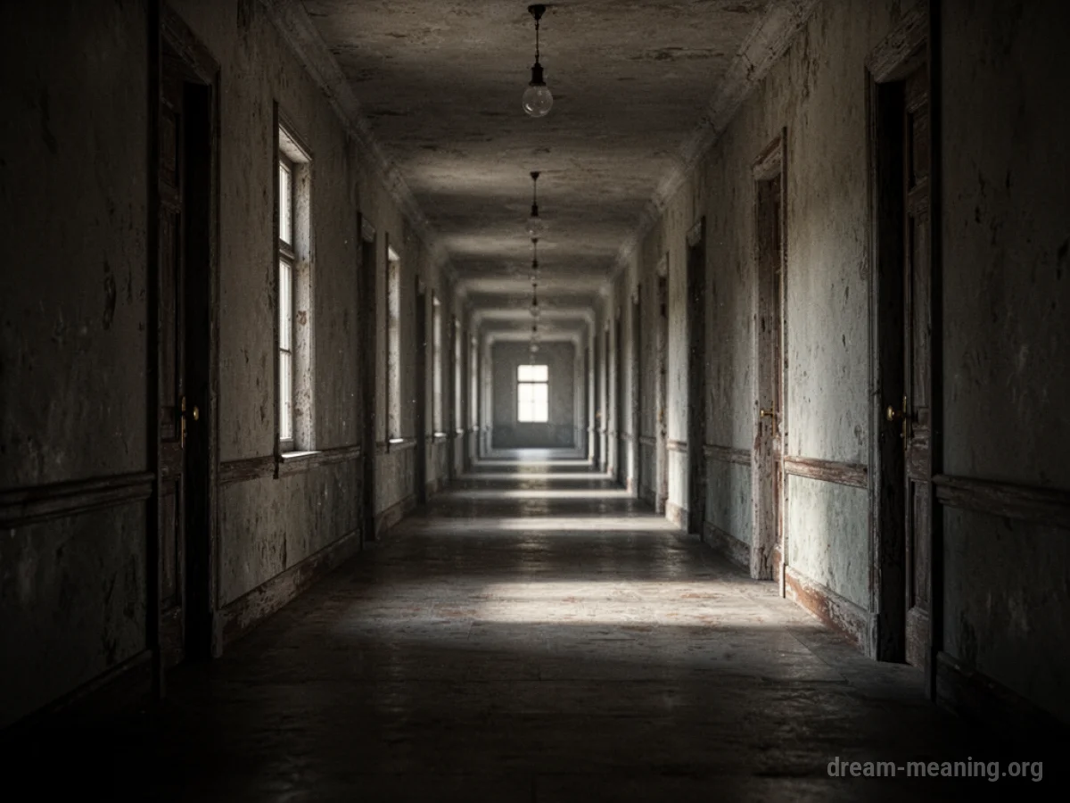 A long, narrow corridor disappearing into darkness with a light source far ahead.