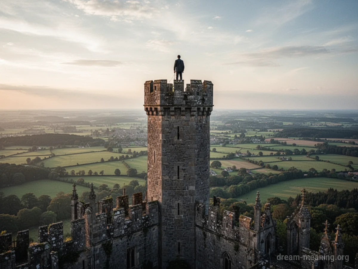 Figure silhouetted against a wide view from a high tower.