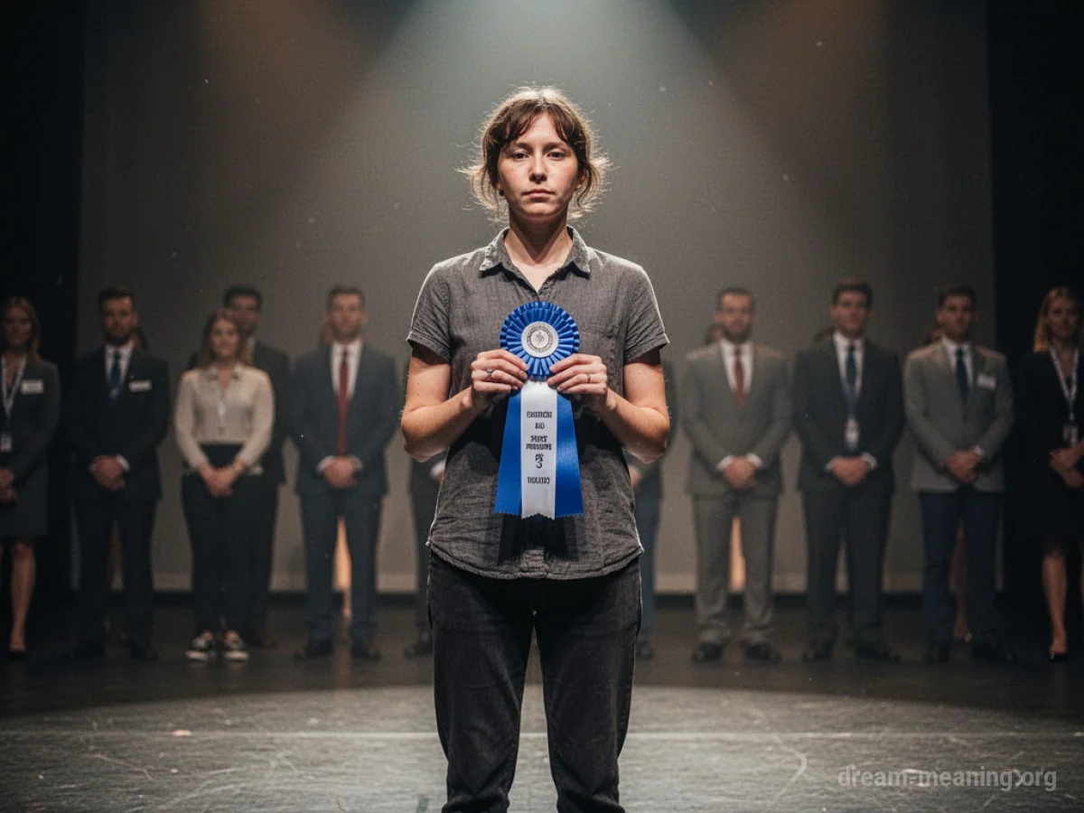 A solitary figure stands on an empty stage holding a participation award.