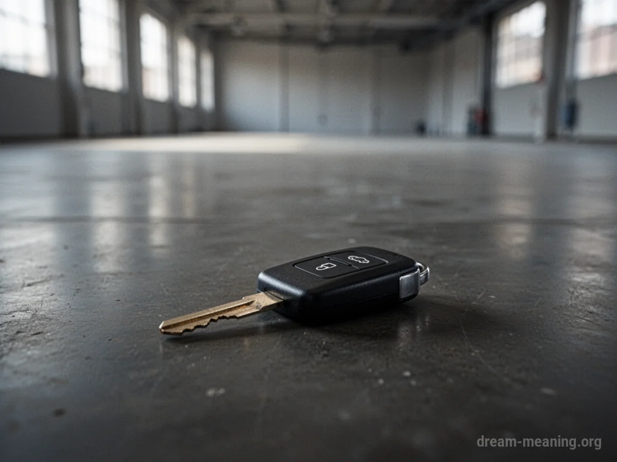 A car key rests on a dark, featureless floor.