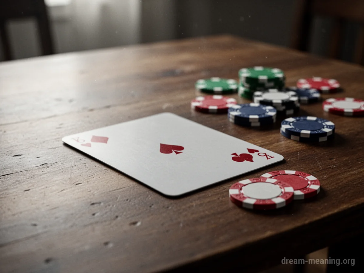 A single playing card lying face down on a wooden table.