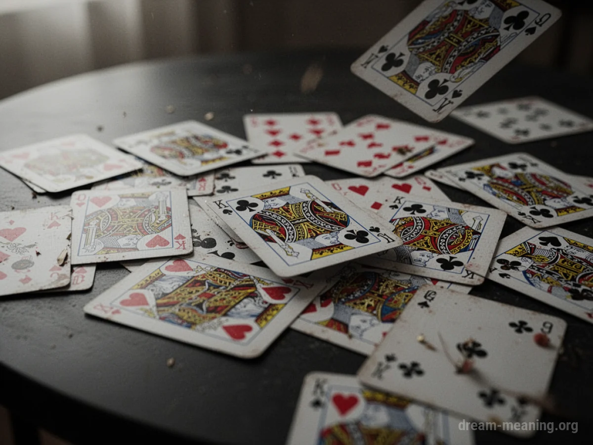 Scattered playing cards on a table surface.