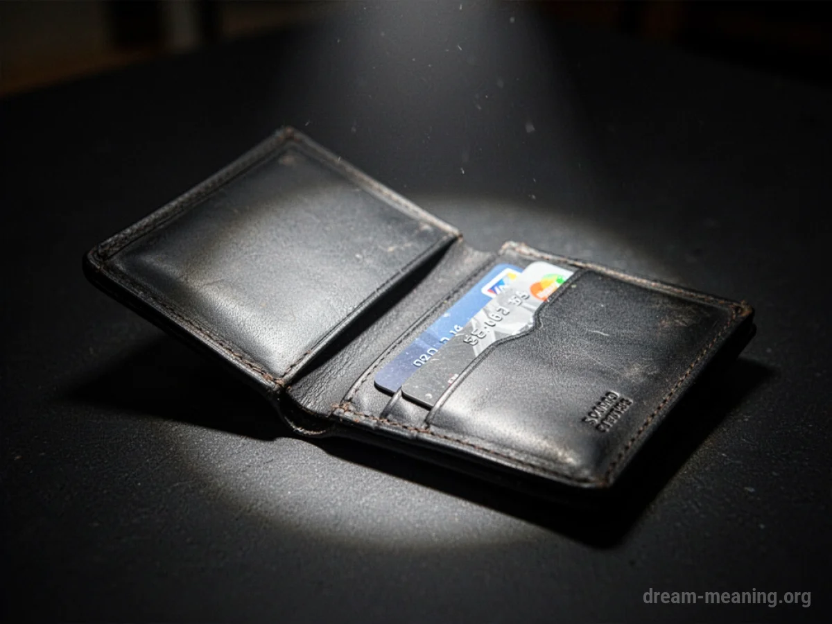 An open, empty wallet on a dark background.