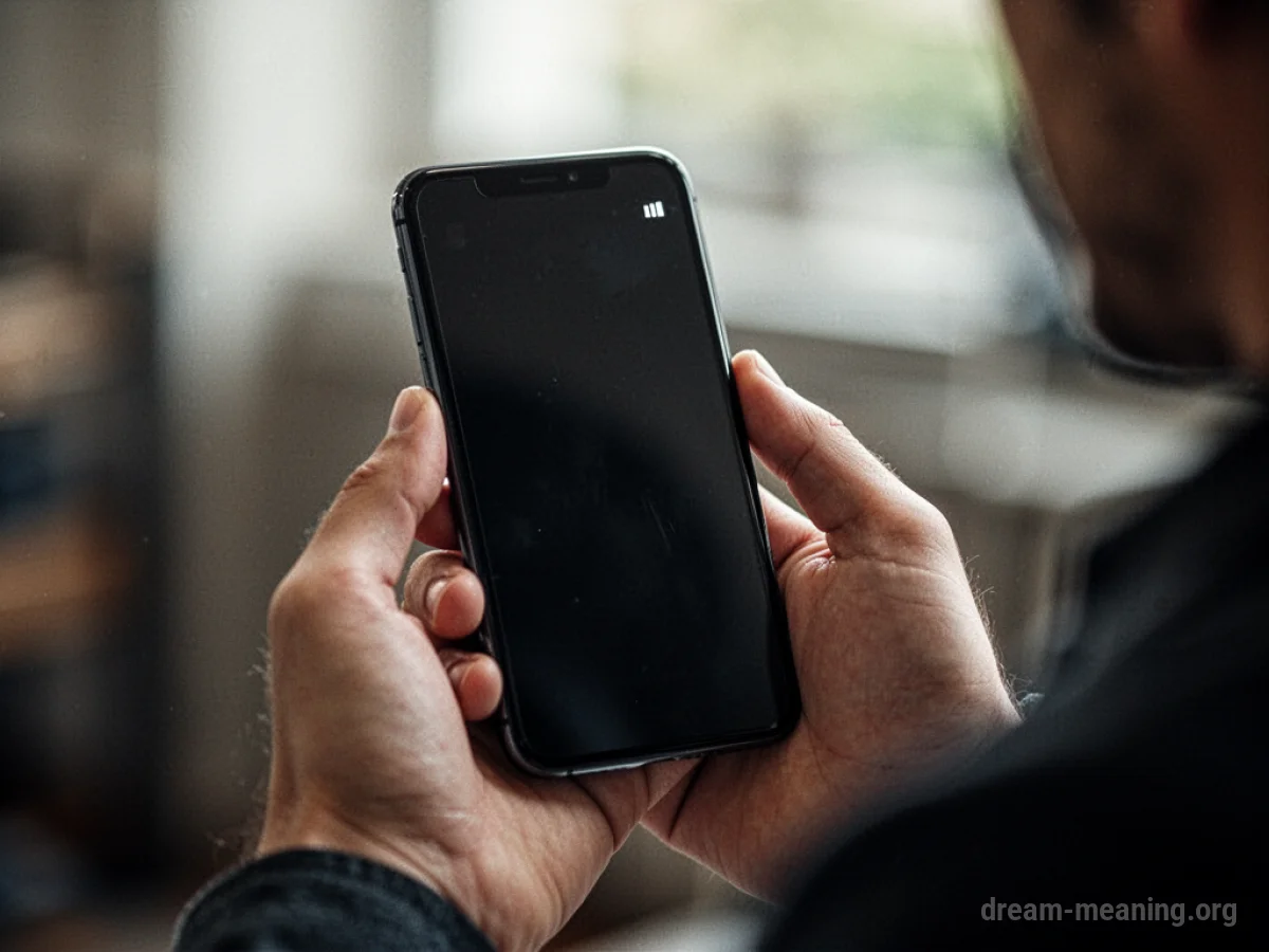 A hand holding a mobile phone displaying a 'no signal' icon.