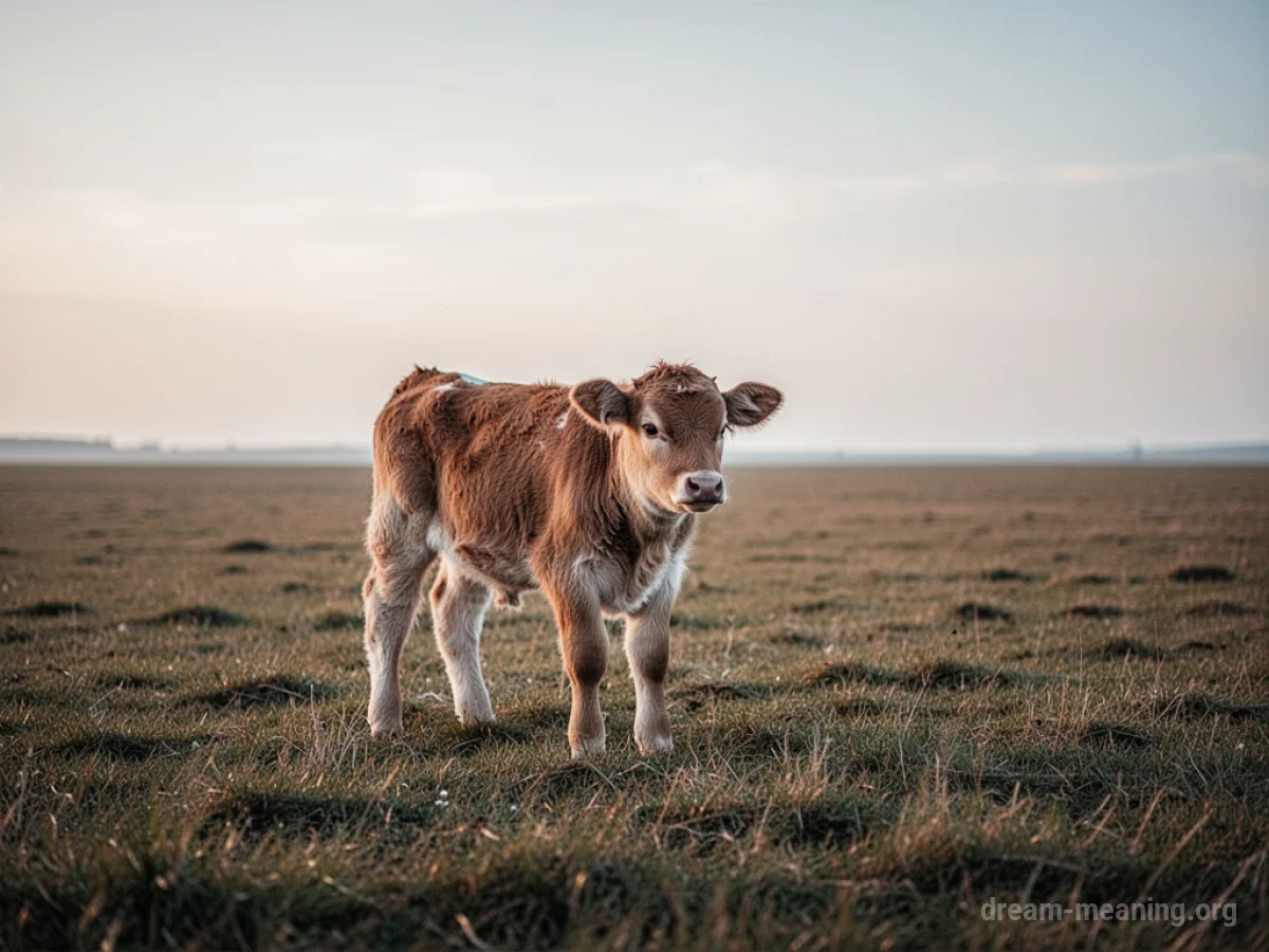 A solitary young calf in a wide, barren field.