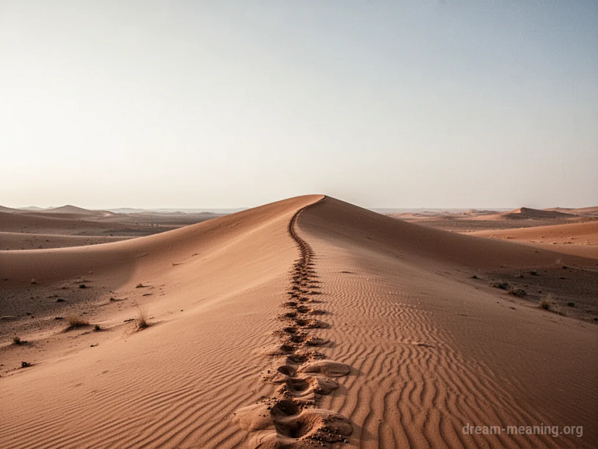 A camel's tracks fading into sand dunes in a desert.