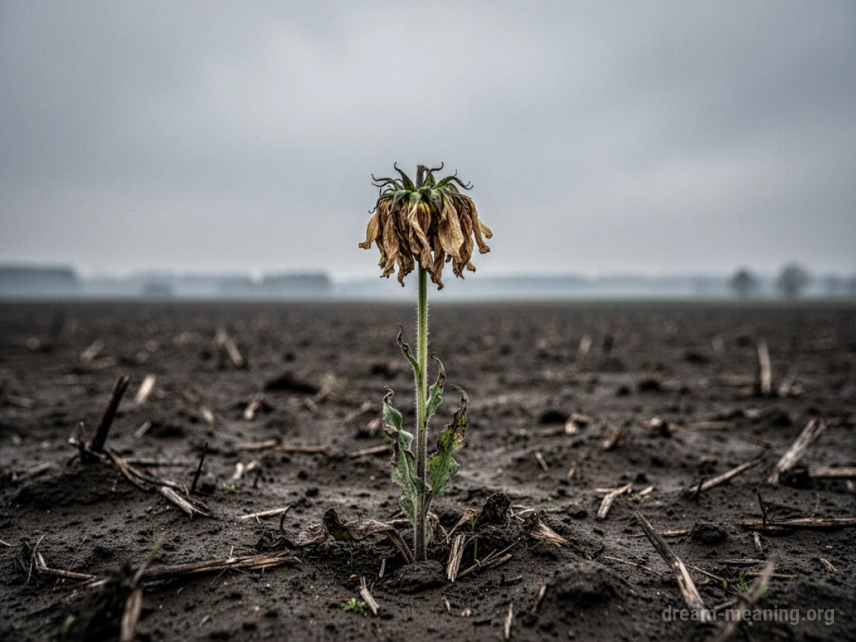A single wilting flower in a barren field.