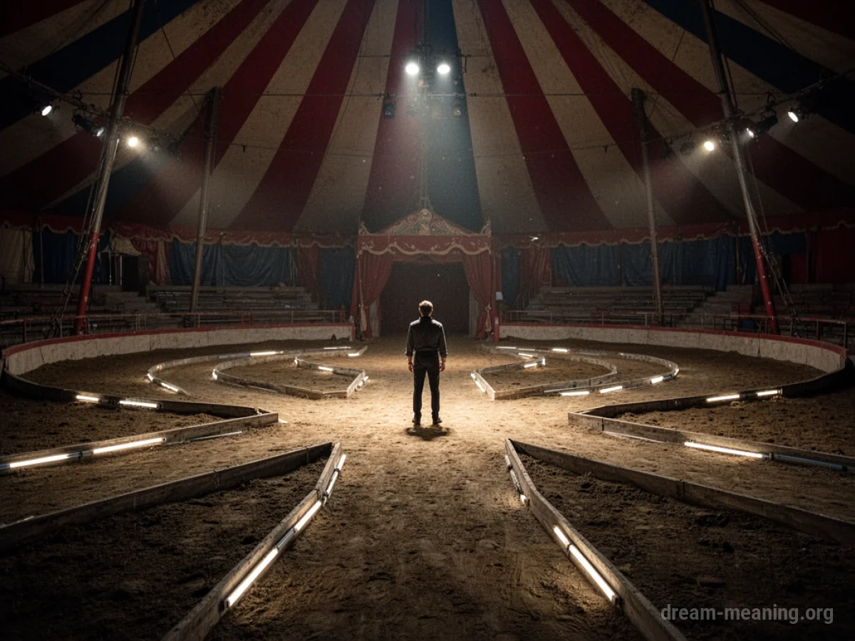 A single person in a large, dark circus tent with many branching paths.