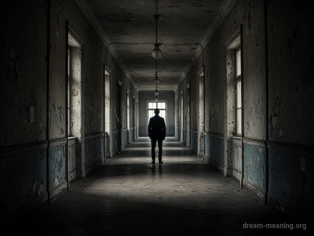 A person standing at the entrance of a long, dark corridor.
