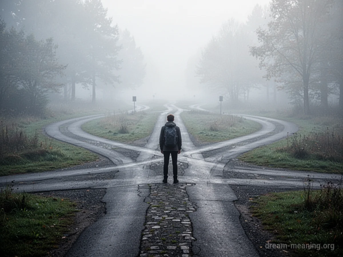 A person stands at a misty crossroads with several paths leading away.