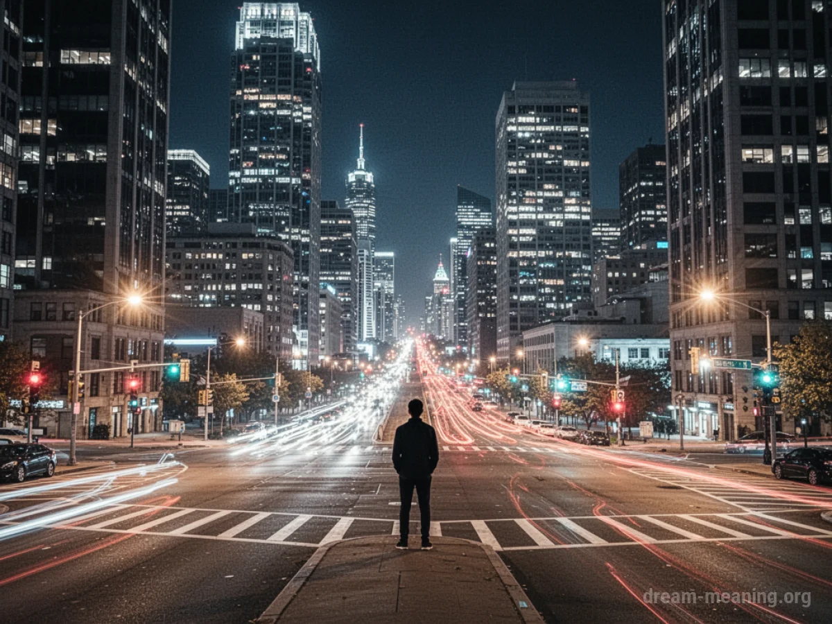 A lone figure stands at a city intersection, surrounded by towering buildings and bright lights.