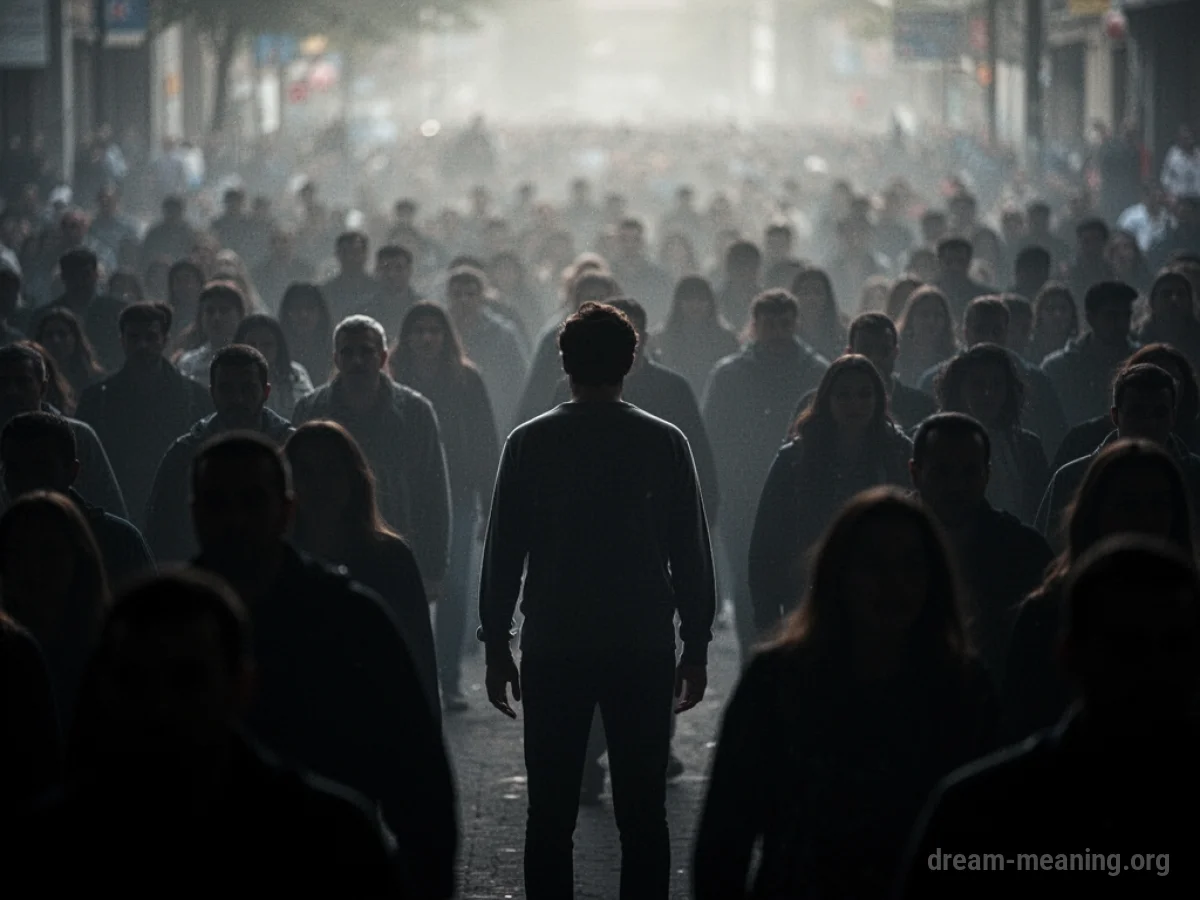 A lone silhouette stands amidst a blurry, indistinct crowd.