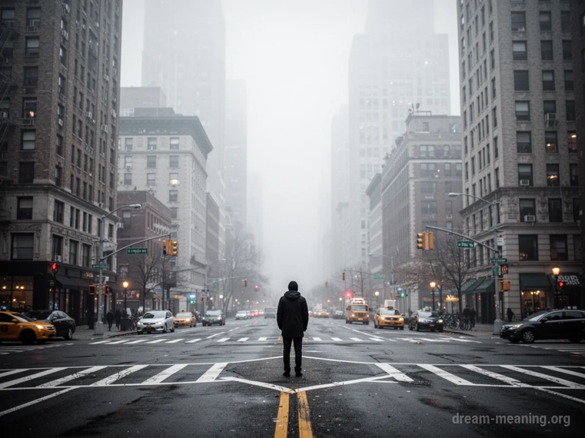 A person at a crossroads in a foggy, unfamiliar city.