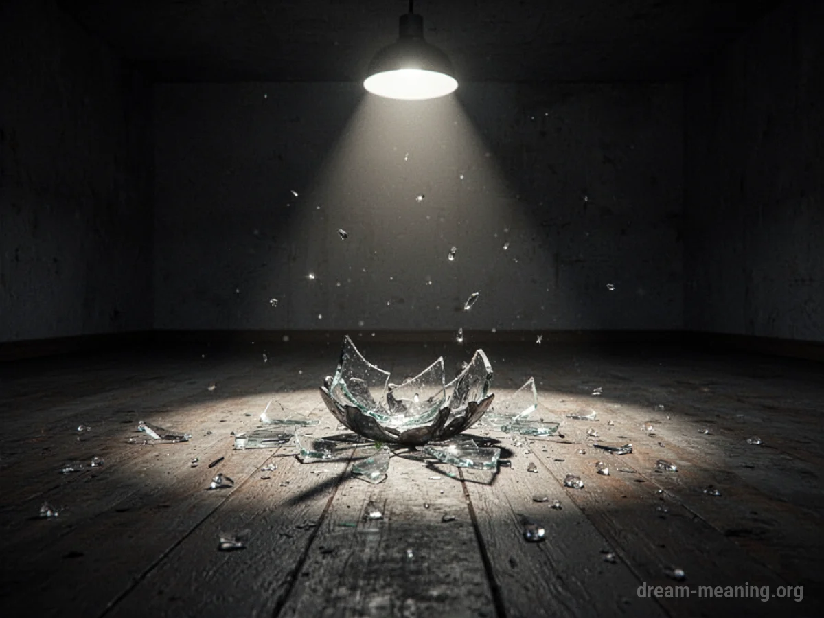 A single shattered object lying on a dark floor under a spotlight.