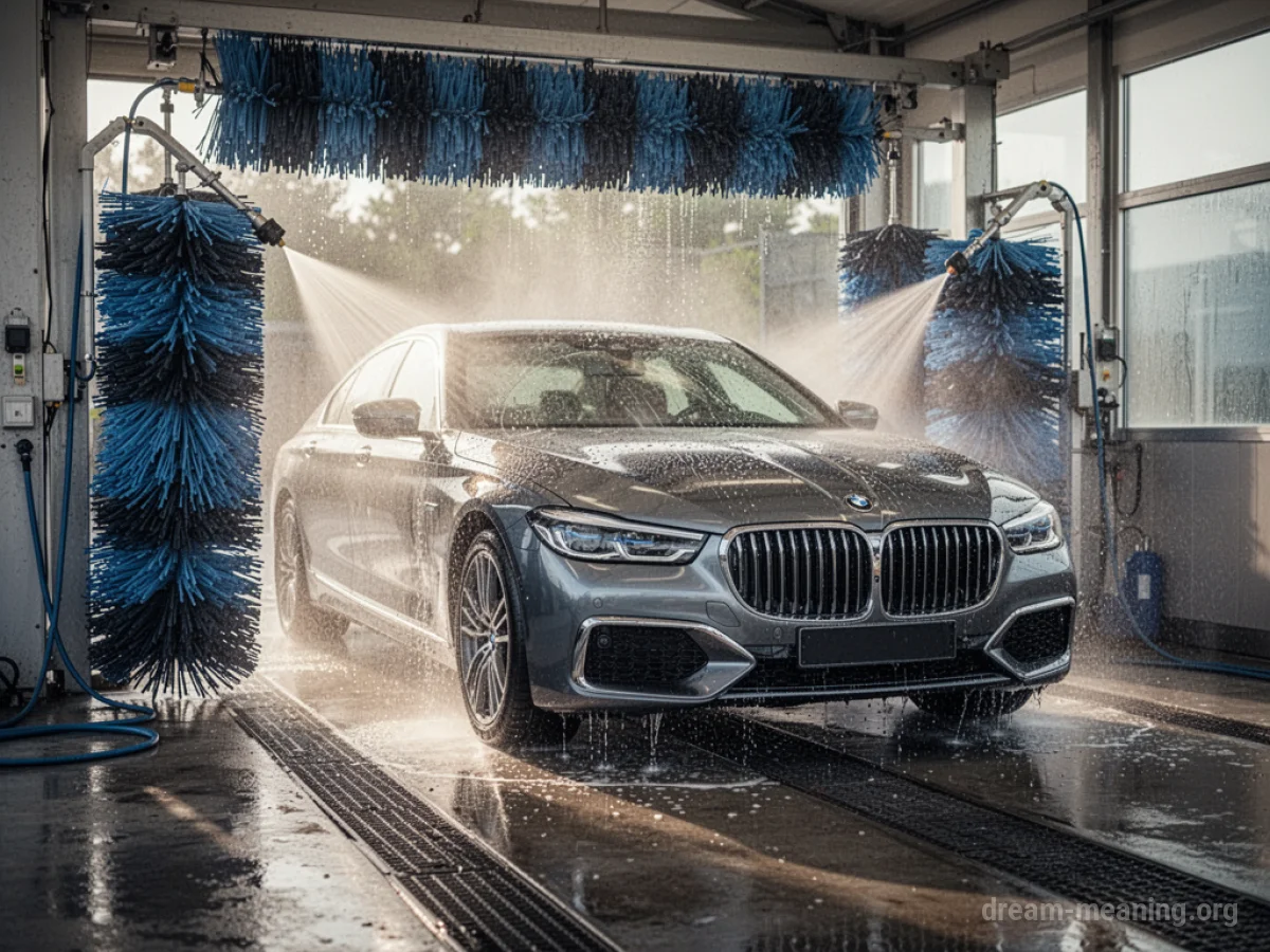 A clean, shiny luxury car being washed at a car wash.