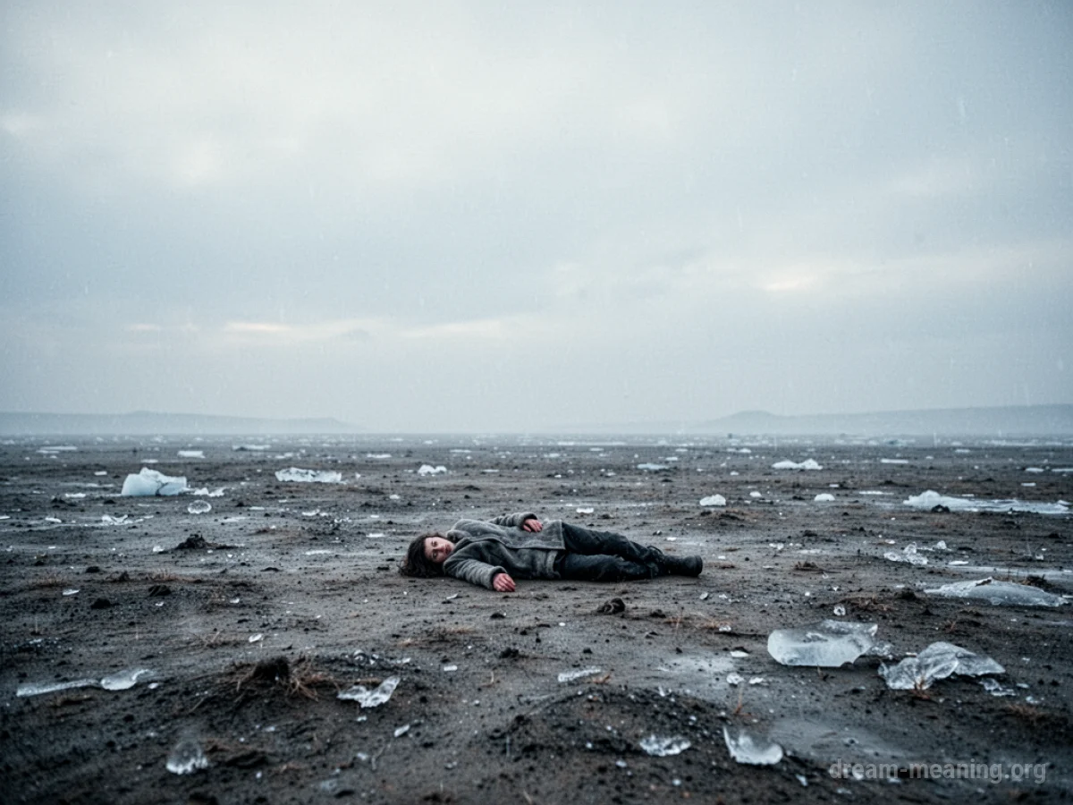 A lone person lying on a wide expanse of cold, bare earth.