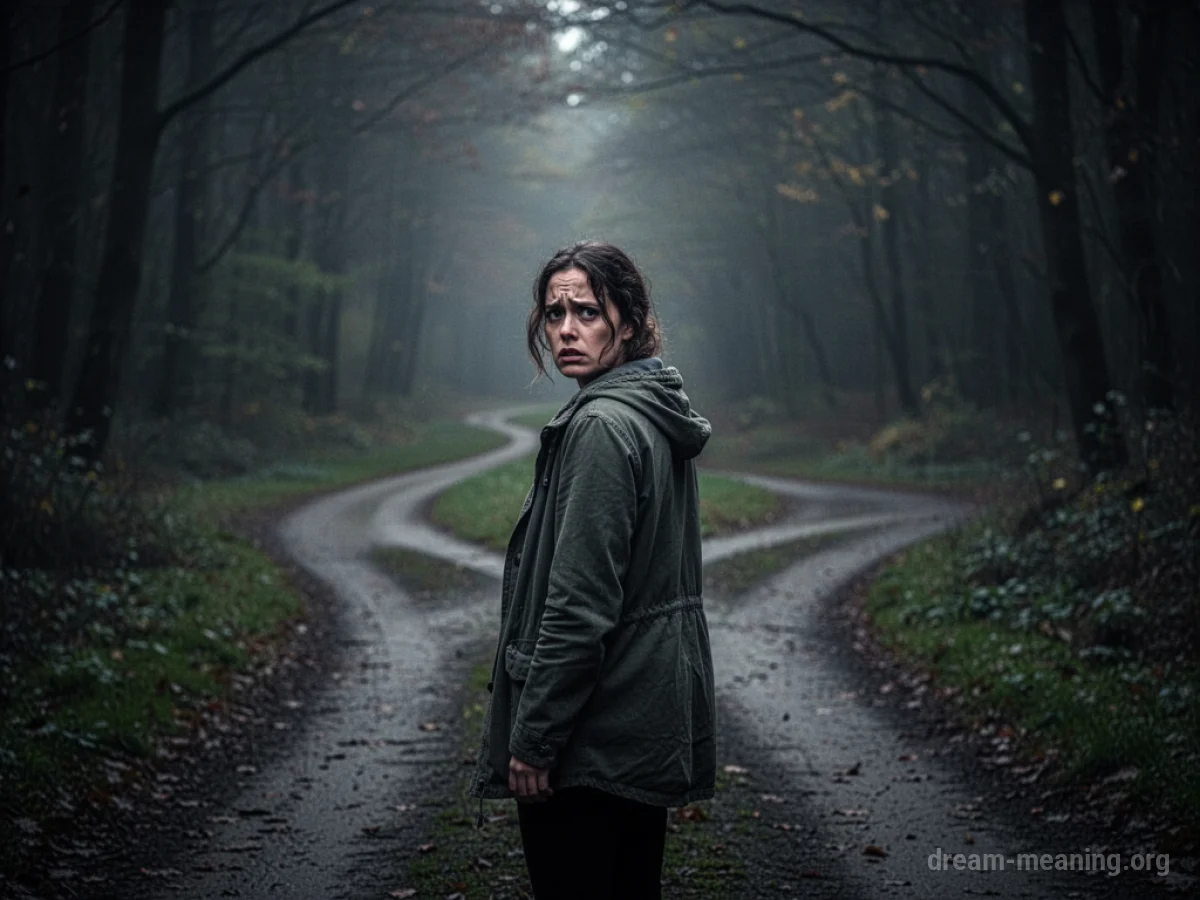 A person at a crossroads in dim light looking backward.