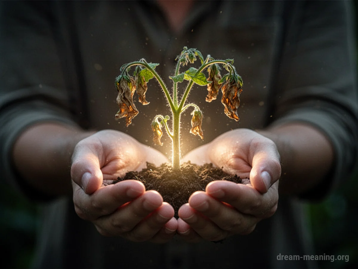 A faint light shines from hands onto a recovering plant.