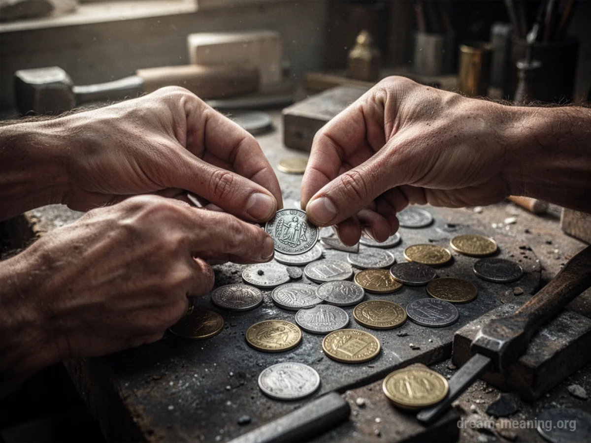 Hands working with metal to create coins.