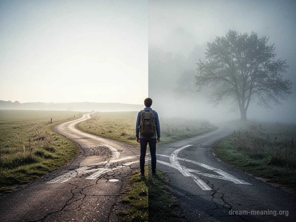A person stands at a fork in the road, with one path clear and the other obscured by mist.