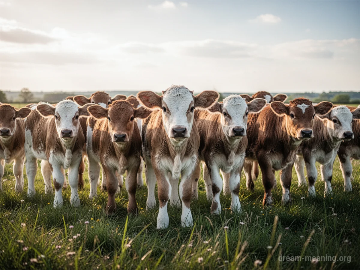 A wide shot of numerous young calves gathered closely in a green pasture.