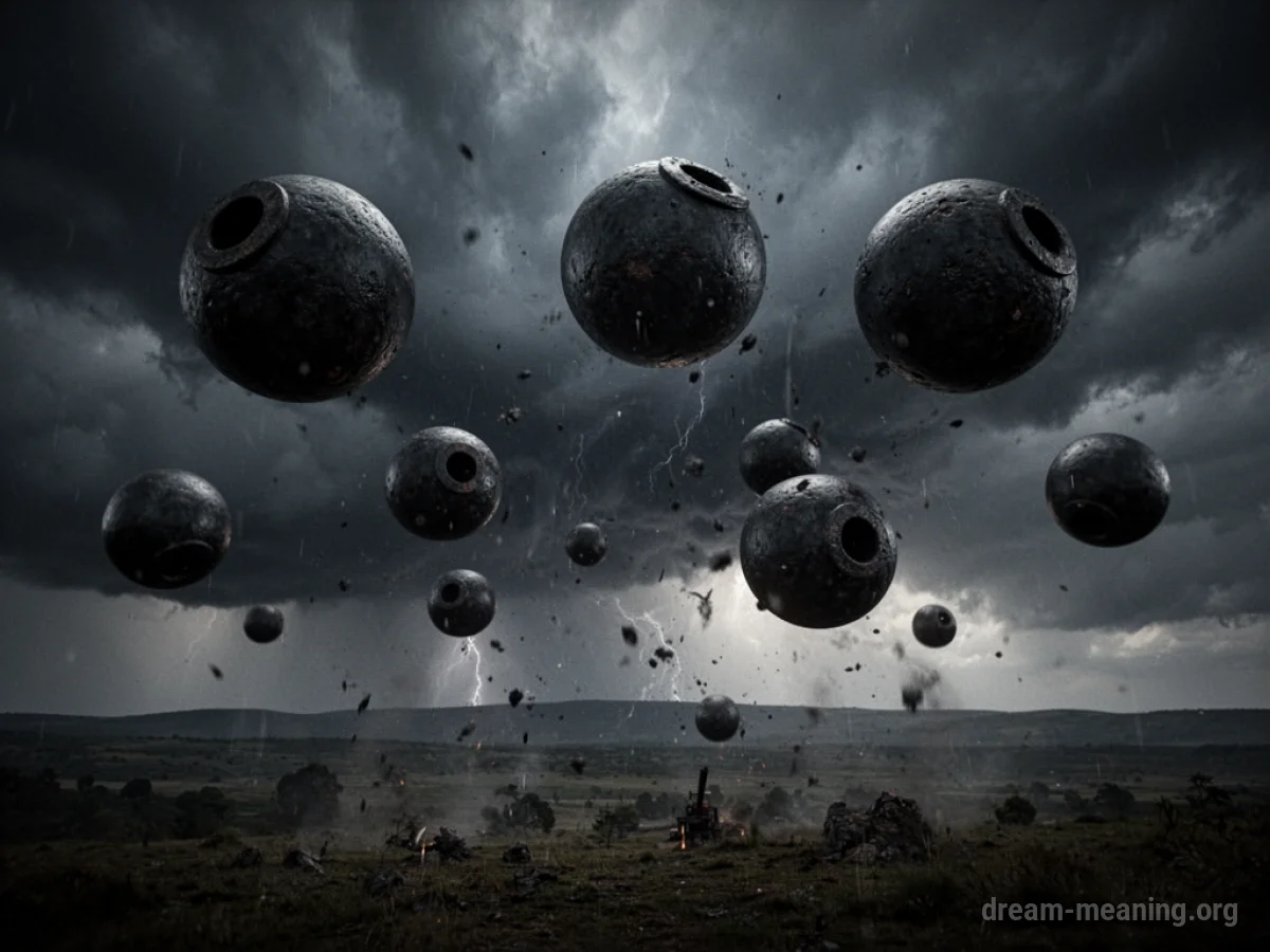 Multiple cannonballs descending from a dark, cloudy sky.