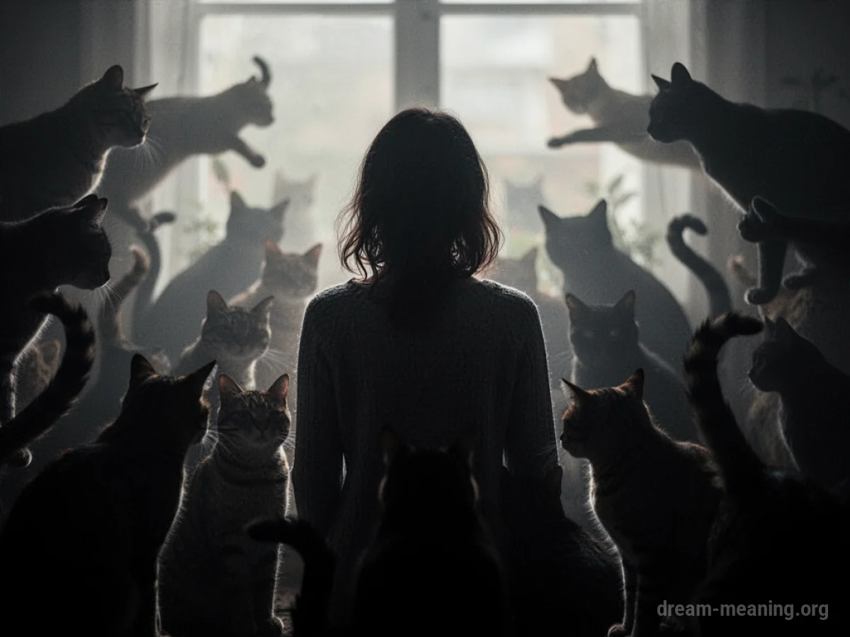 Silhouette of a person surrounded by shadowy cat figures.