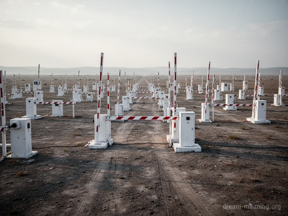 Numerous white checkpoint barriers stretching across a barren landscape.