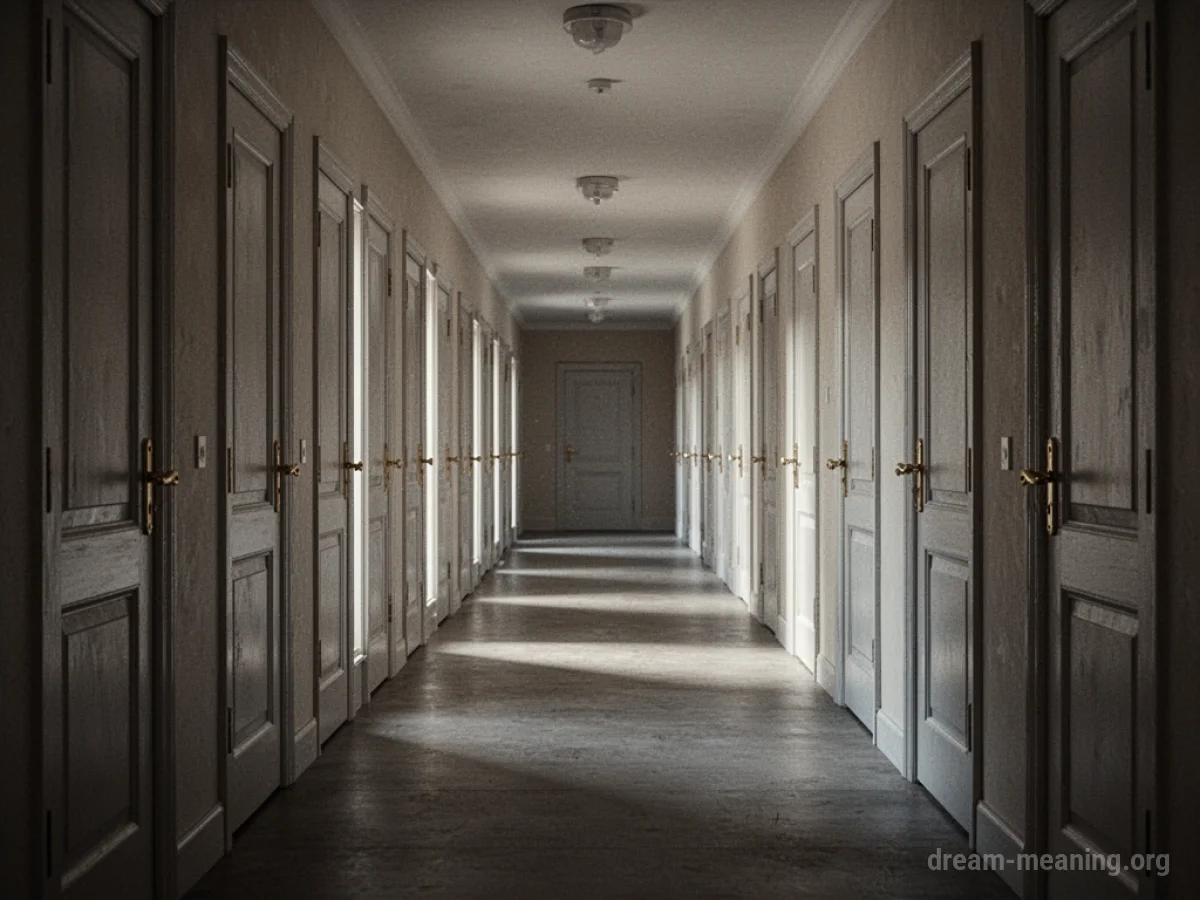 A long hallway with many closed doors.