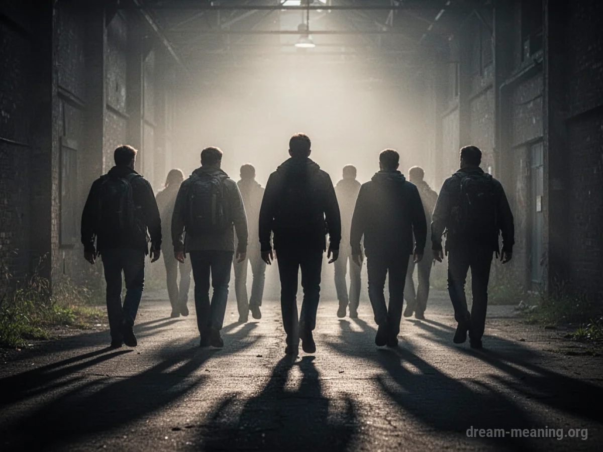 Silhouettes of people turning their backs and walking away from a bright light source.