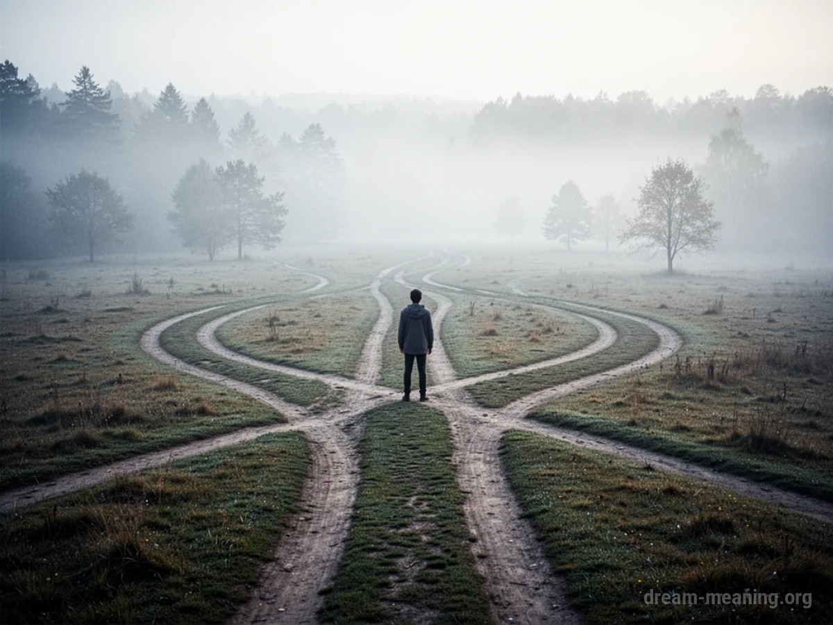 A person stands at the center of multiple roads stretching into a hazy distance.